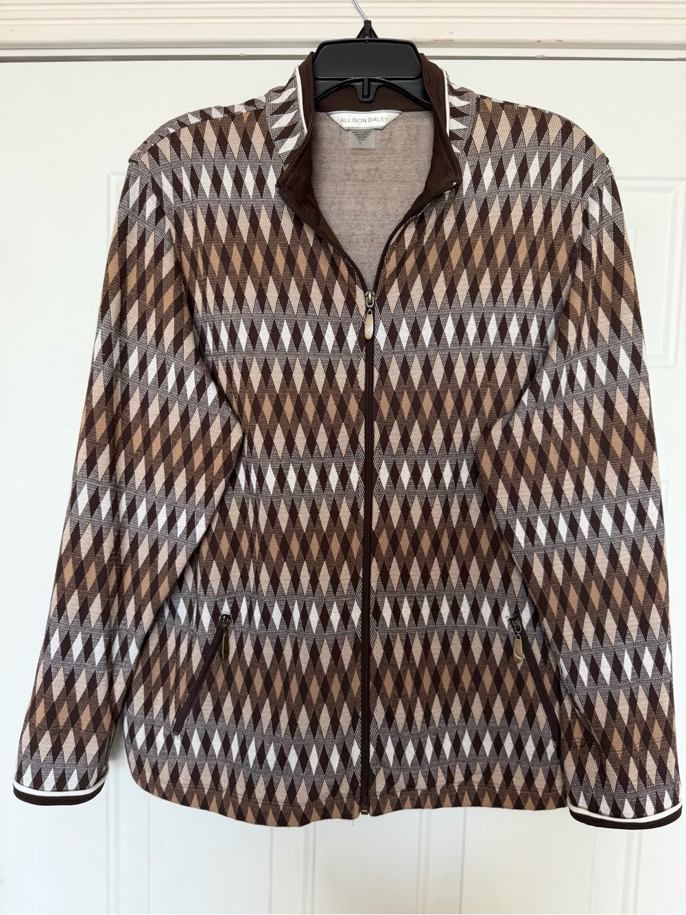 Allison Daley~Neutral Brown Mix~Diamond Print~Zipper Closure~Knit Sweater~Size L